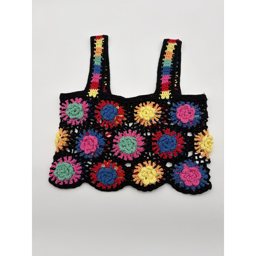 Debu Womens Crochet Granny Square Crop Top Multi Color Floral Boho Festival S/M